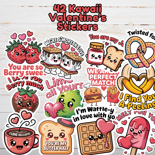 Collection of 42 kawaii Valentine's Day stickers featuring cute food puns like strawberry hugs, s'mores love, latte coffee cup, waffle melting, peanut butter & jelly, pretzel twist, banana hearts, and popsicle romance on wooden background