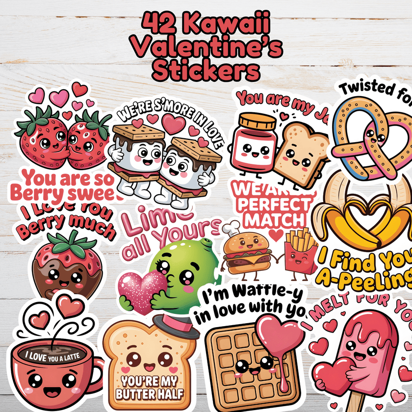 Collection of 42 kawaii Valentine's Day stickers featuring cute food puns like strawberry hugs, s'mores love, latte coffee cup, waffle melting, peanut butter & jelly, pretzel twist, banana hearts, and popsicle romance on wooden background