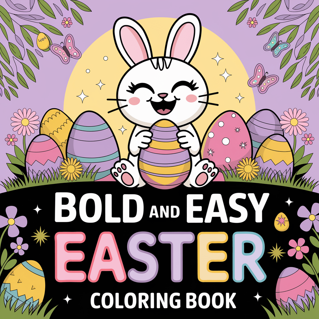 Cover of 'Bold and Easy Easter Coloring Book' with a bunny and Easter eggs on a purple background.