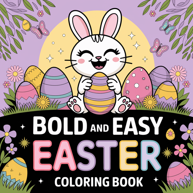 Cover of 'Bold and Easy Easter Coloring Book' with a bunny and Easter eggs on a purple background.