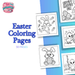 Preview layout showing multiple Easter coloring pages with bunny and chick designs ready to print