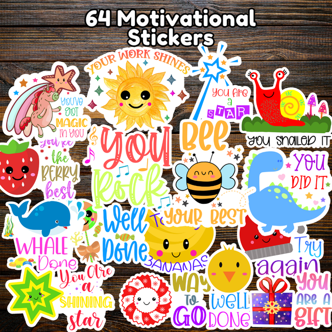 64 motivational stickers featuring cute characters and positive messages for kids, teachers, planners, and reward systems