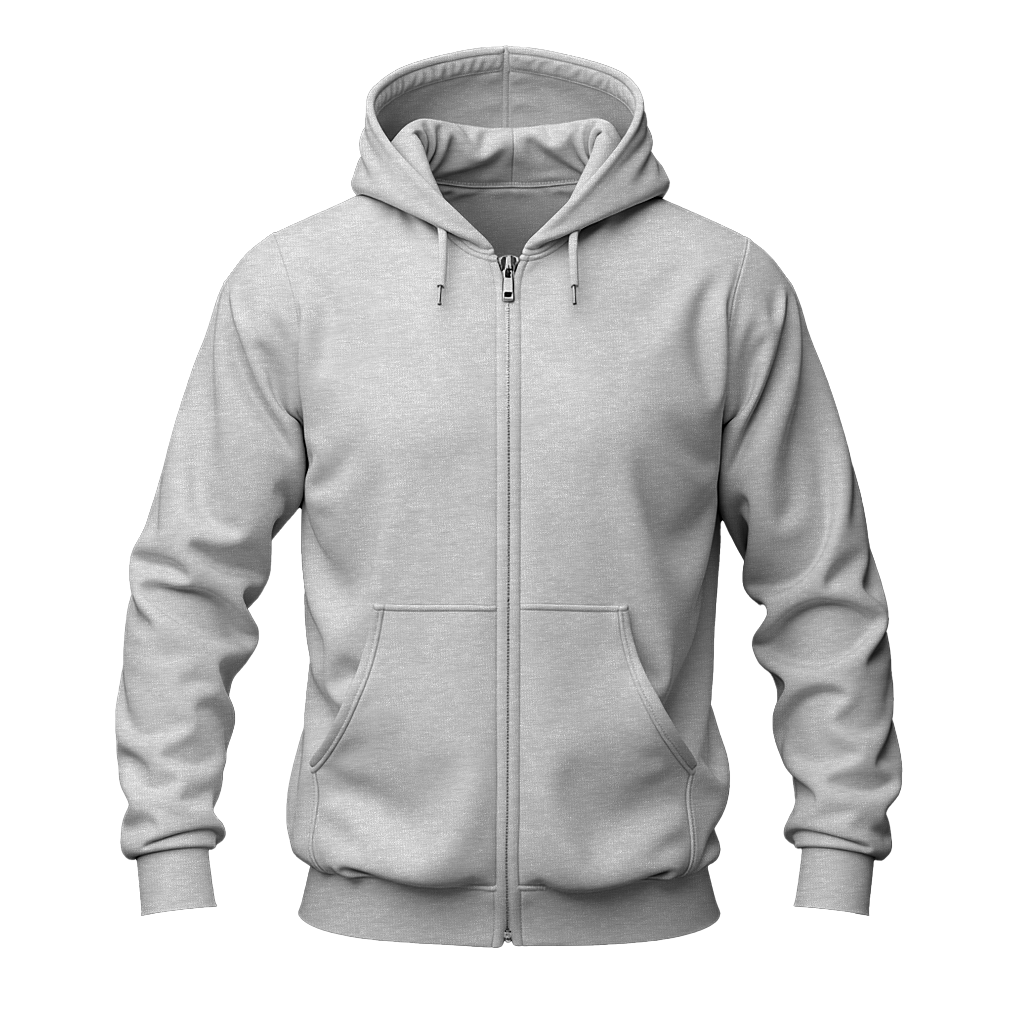 A Ash zip-up hoodie with a full front zipper, drawstring hood, ribbed cuffs and hem, and a front kangaroo pocket, shown on a plain white background.