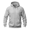A Ash zip-up hoodie with a full front zipper, drawstring hood, ribbed cuffs and hem, and a front kangaroo pocket, shown on a plain white background.
