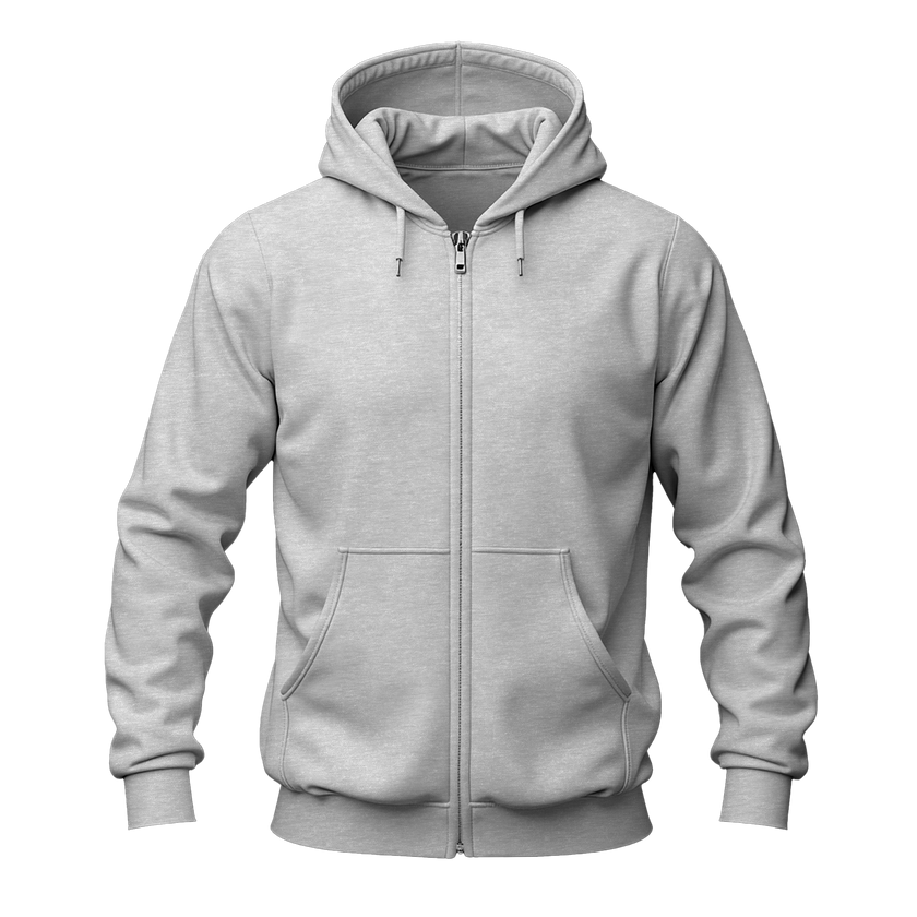 A Ash zip-up hoodie with a full front zipper, drawstring hood, ribbed cuffs and hem, and a front kangaroo pocket, shown on a plain white background.