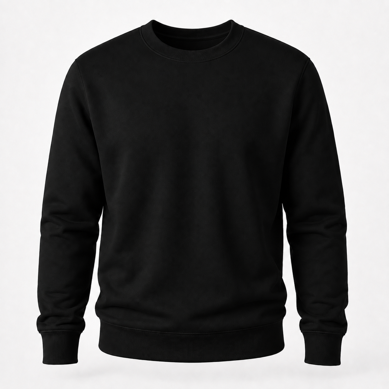 A plain black long-sleeve crewneck sweatshirt shown on a light gray background.
