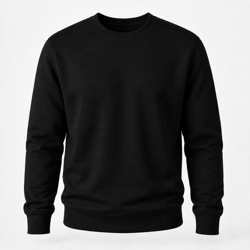 A plain black long-sleeve crewneck sweatshirt shown on a light gray background.