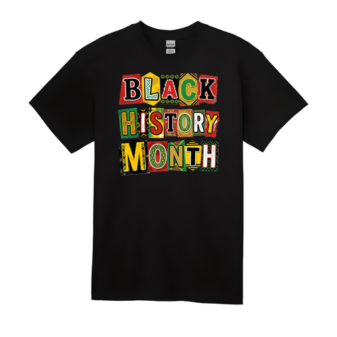 Black t-shirt with 'Black History Month' text in multicolor on a white background