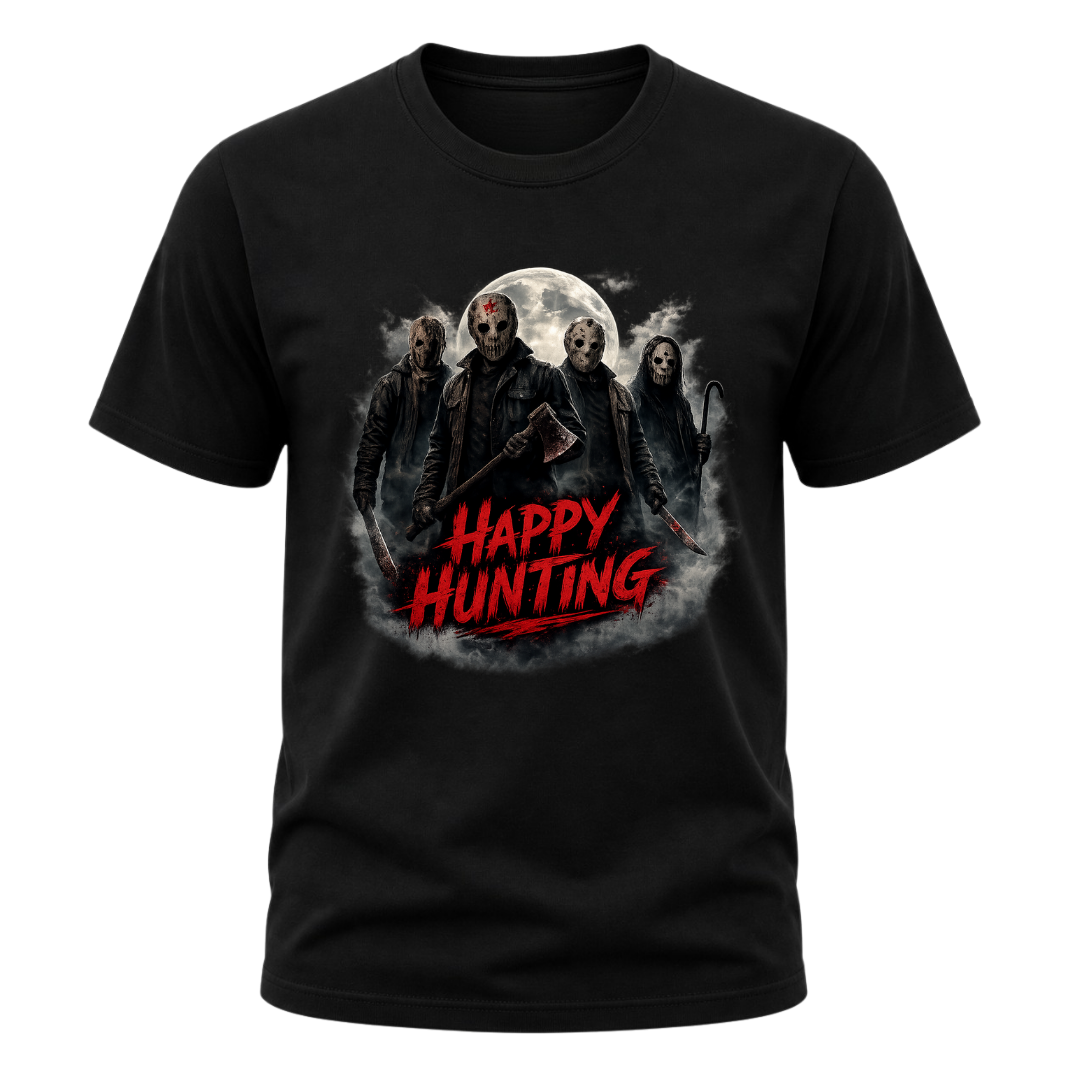 Black adult horror graphic T shirt with masked figures, full moon artwork, smoky details and a red Happy Hunting message.