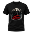 Black adult horror graphic T shirt with masked figures, full moon artwork, smoky details and a red Happy Hunting message.