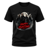 Black adult horror graphic T shirt with masked figures, full moon artwork, smoky details and a red Happy Hunting message.