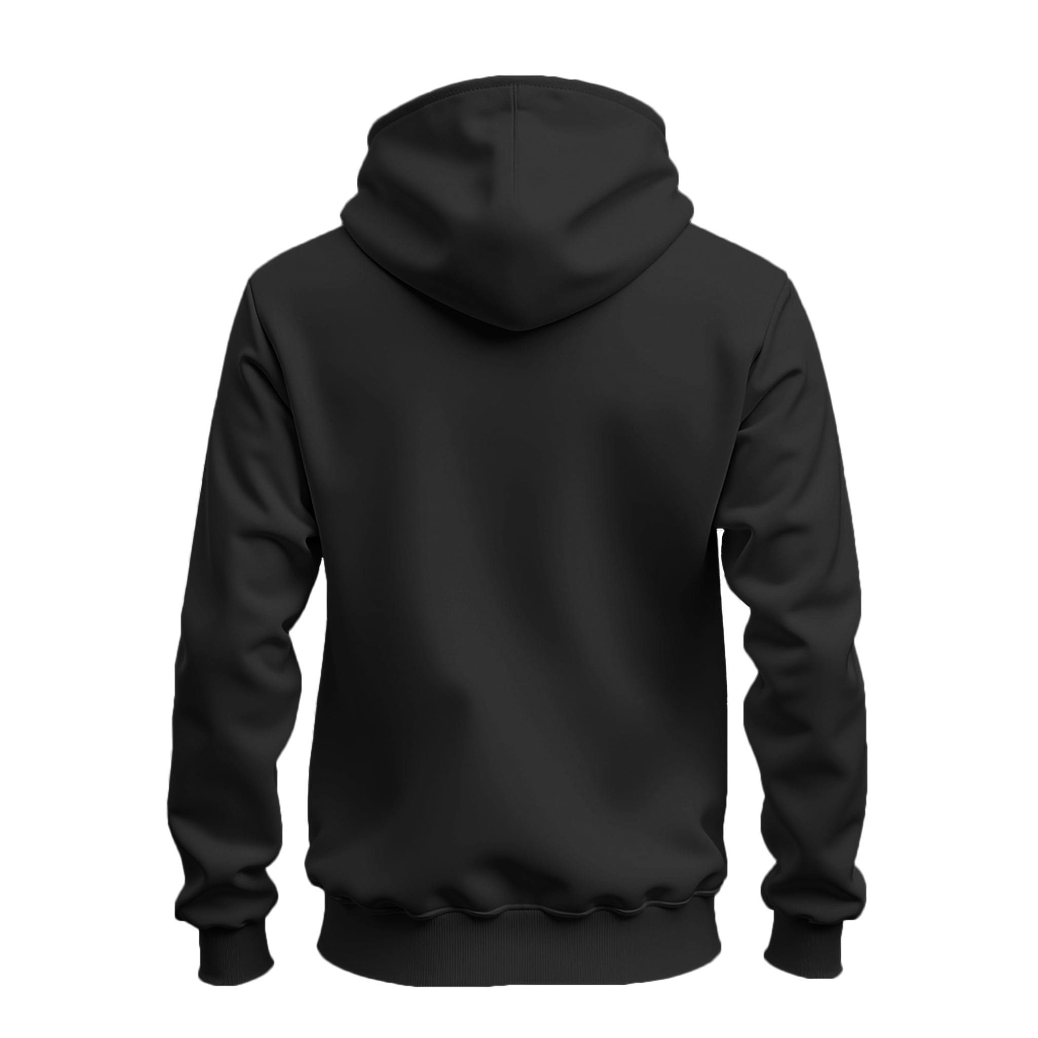 A black pullover hoodie shown from the back, displayed on a clean white background.