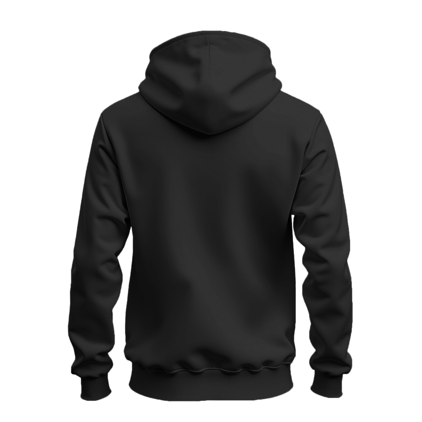 A black pullover hoodie shown from the back, displayed on a clean white background.