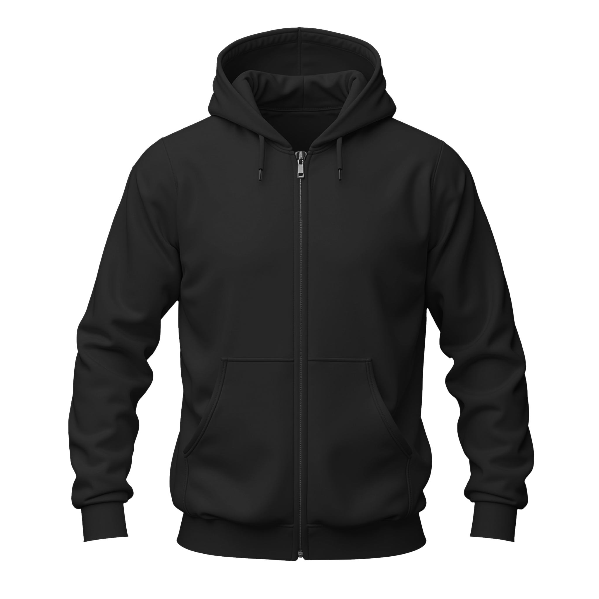 A black zip-up hoodie with a drawstring hood, front pockets, and ribbed cuffs and hem, shown on a plain white background.