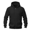 A black zip-up hoodie with a drawstring hood, front pockets, and ribbed cuffs and hem, shown on a plain white background.
