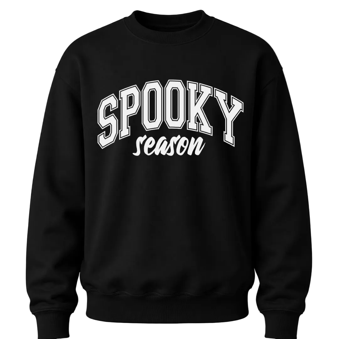 Black Spooky Season Halloween sweatshirt featuring white varsity lettering for cozy fall and October outfits