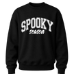 Black Spooky Season Halloween sweatshirt featuring white varsity lettering for cozy fall and October outfits