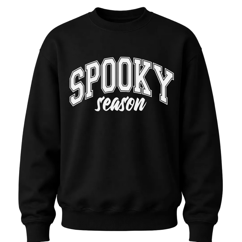 Black Spooky Season Halloween sweatshirt featuring white varsity lettering for cozy fall and October outfits