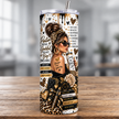 Front view of a white motivational tumbler featuring a woman in leopard print accessories, black and gold roses and positive mindset affirmations.
