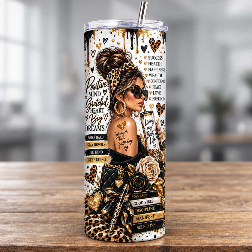 Front view of a white motivational tumbler featuring a woman in leopard print accessories, black and gold roses and positive mindset affirmations.