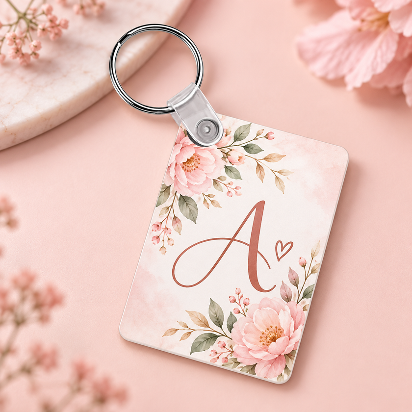A rectangular acrylic keychain with a silver split ring, decorated with pink peony flowers, green leaves, and a rose gold monogram letter 'A' on a light pink watercolor background, styled on a pink surface with soft floral props.