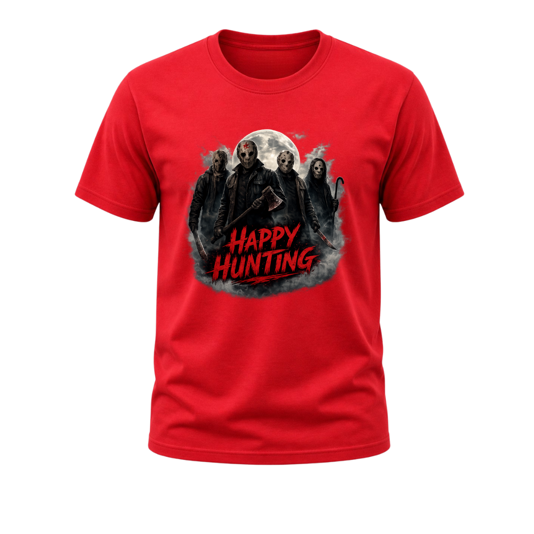 Bright red Happy Hunting adult horror T shirt with a dark moonlit graphic, masked characters and bold red typography.