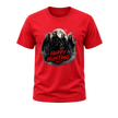 Bright red Happy Hunting adult horror T shirt with a dark moonlit graphic, masked characters and bold red typography.