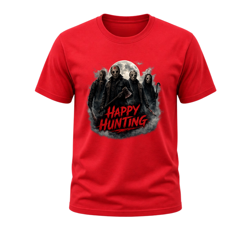 Bright red Happy Hunting adult horror T shirt with a dark moonlit graphic, masked characters and bold red typography.