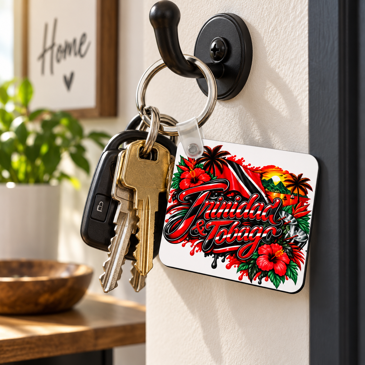 Trinidad and Tobago souvenir keychain hanging from a wall hook with vibrant island artwork, Caribbean flowers and red black white flag colours.