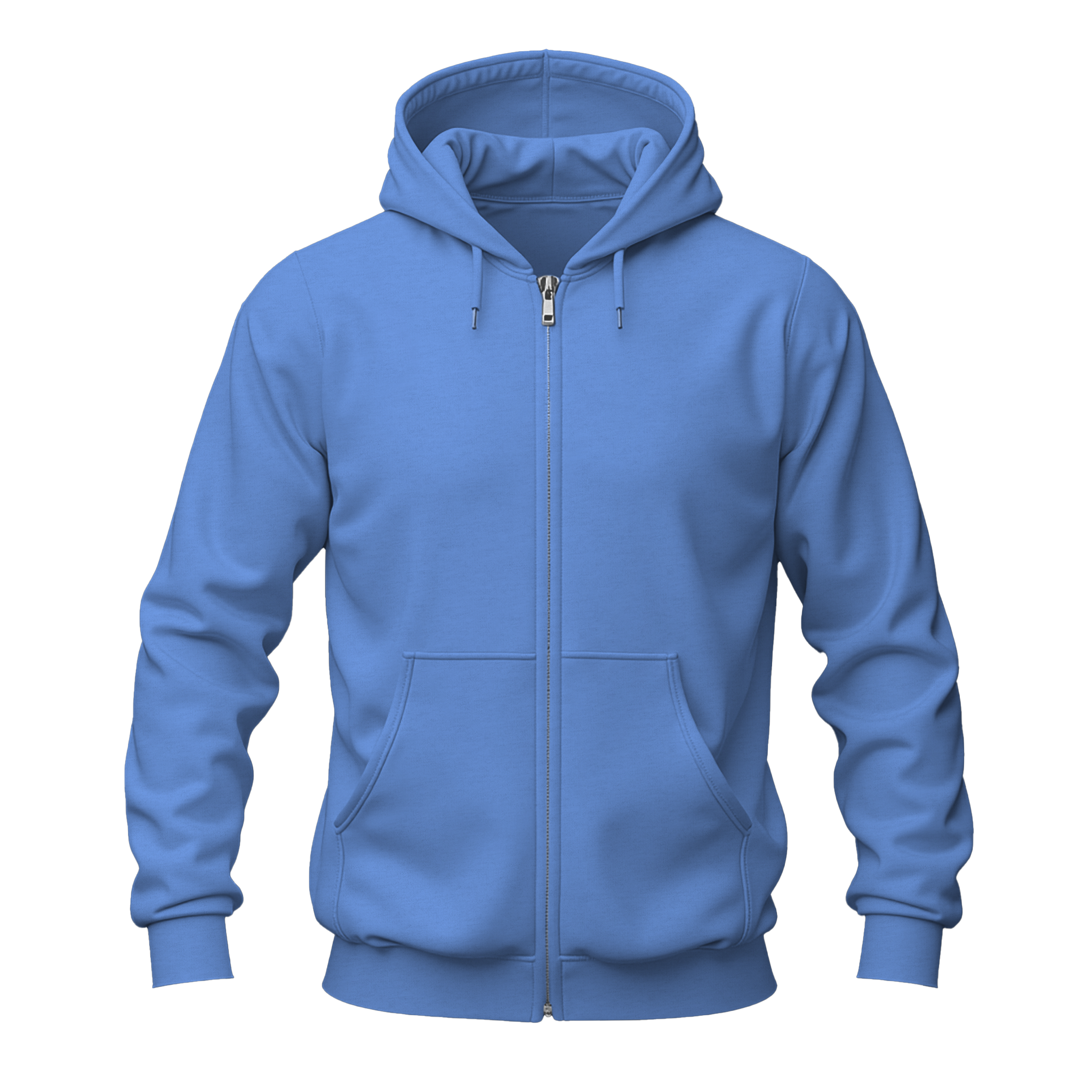 A blue zip-up hoodie with a full front zipper, drawstring hood, and front kangaroo pockets, shown on a plain white background.