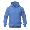 A blue zip-up hoodie with a full front zipper, drawstring hood, and front kangaroo pockets, shown on a plain white background.