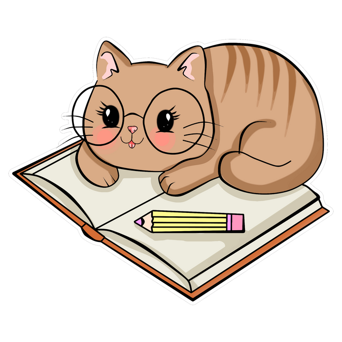 Cute Cat with glasses laying on a book with a pencil sticking out its tongue