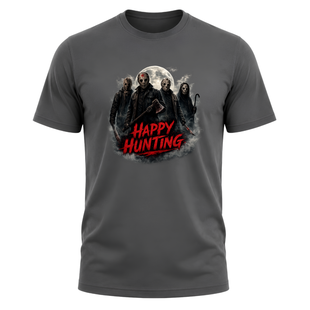 Charcoal grey Happy Hunting horror tee with masked figures, moonlight, smoky shadows and striking red lettering.