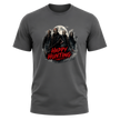 Charcoal grey Happy Hunting horror tee with masked figures, moonlight, smoky shadows and striking red lettering.