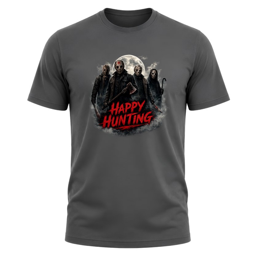 Charcoal grey Happy Hunting horror tee with masked figures, moonlight, smoky shadows and striking red lettering.