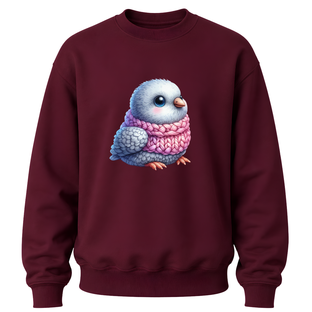 Maroon youth sweater showcasing a charming winter bird artwork for boys and girls.