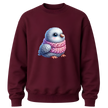 Maroon youth sweater showcasing a charming winter bird artwork for boys and girls.