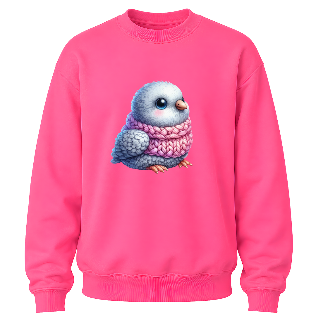 Safety pink youth crewneck featuring a cute bird graphic with soft pastel winter colors.