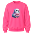 Safety pink youth crewneck featuring a cute bird graphic with soft pastel winter colors.