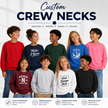 A promotional graphic for custom crew necks featuring nine children modeling different colored sweatshirts, with text reading 'Custom CREW NECKS' and feature icons along the bottom.