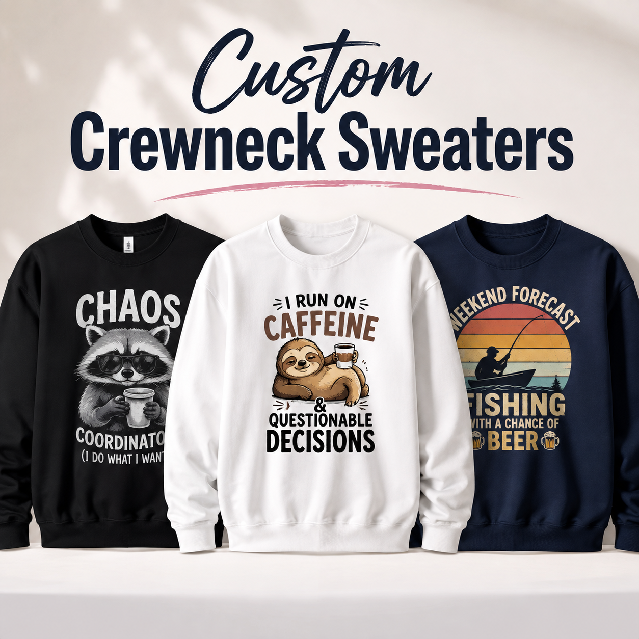Premium custom crewneck sweater featuring personalized logo printing for businesses, schools, teams, events and everyday wear.