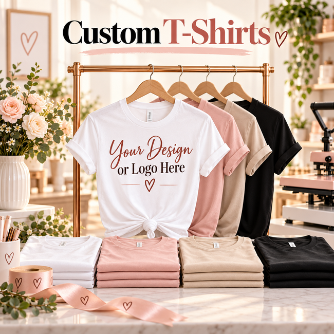 Custom T-shirts with “Your Design or Logo Here” displayed on the shirt, showcasing personalized apparel by Simplee Craft’n Creations in Calgary, Alberta.
