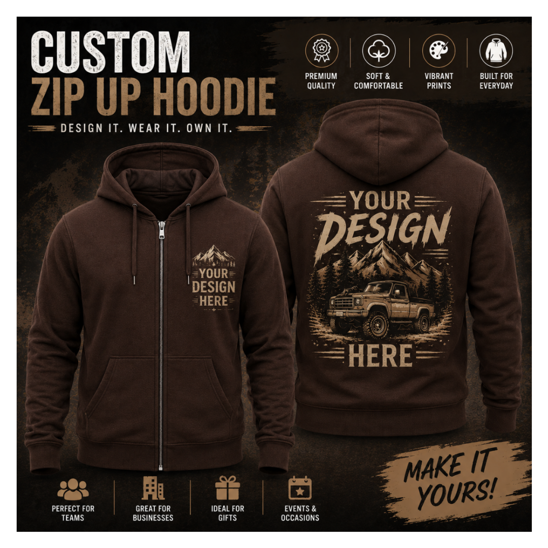 Custom zip-up hoodie shown from both front and back views on a dark promotional background. The hoodie is dark brown with a tan/cream printed graphic area.