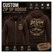 Custom zip-up hoodie shown from both front and back views on a dark promotional background. The hoodie is dark brown with a tan/cream printed graphic area.