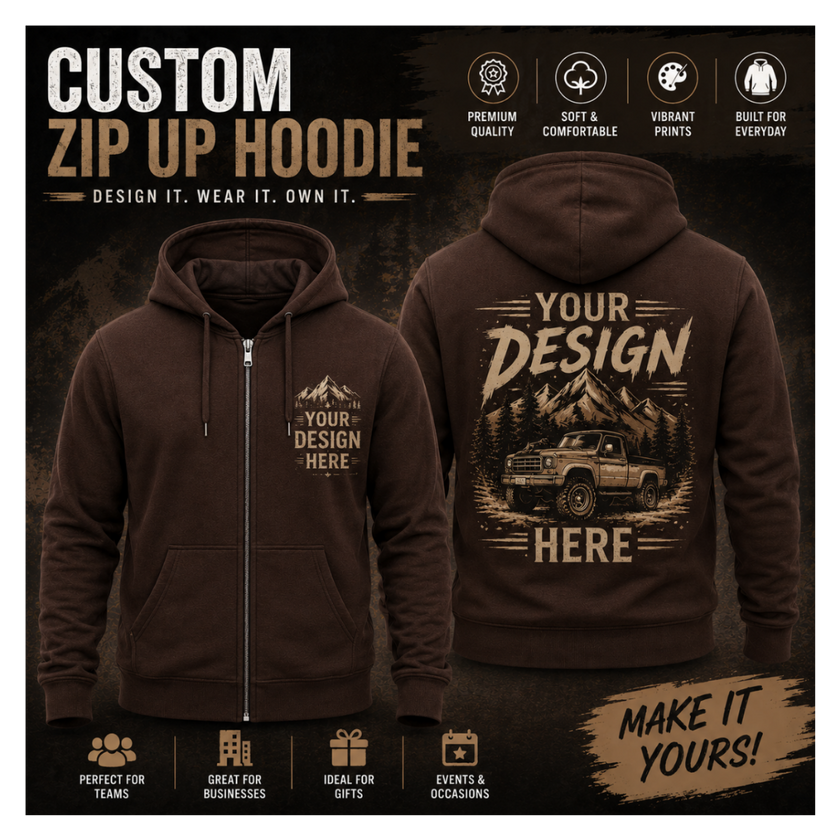Custom zip-up hoodie shown from both front and back views on a dark promotional background. The hoodie is dark brown with a tan/cream printed graphic area.