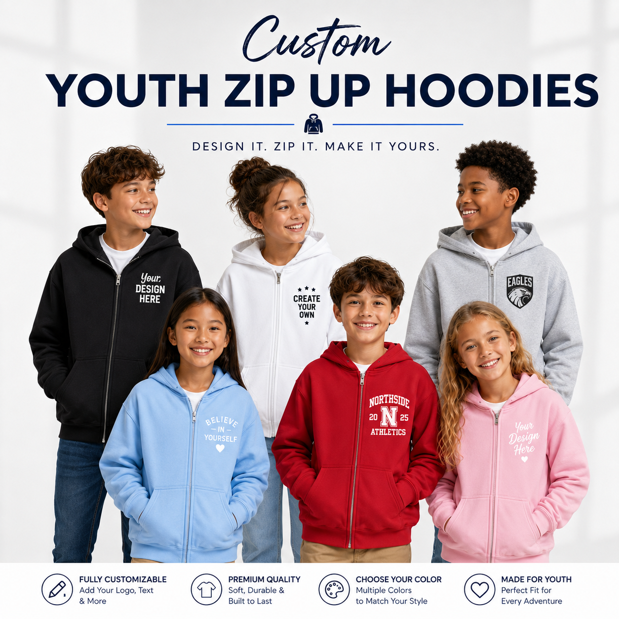 Custom Youth Zip Up Hoodies Personalized Kids Full Zip Sweatshirts