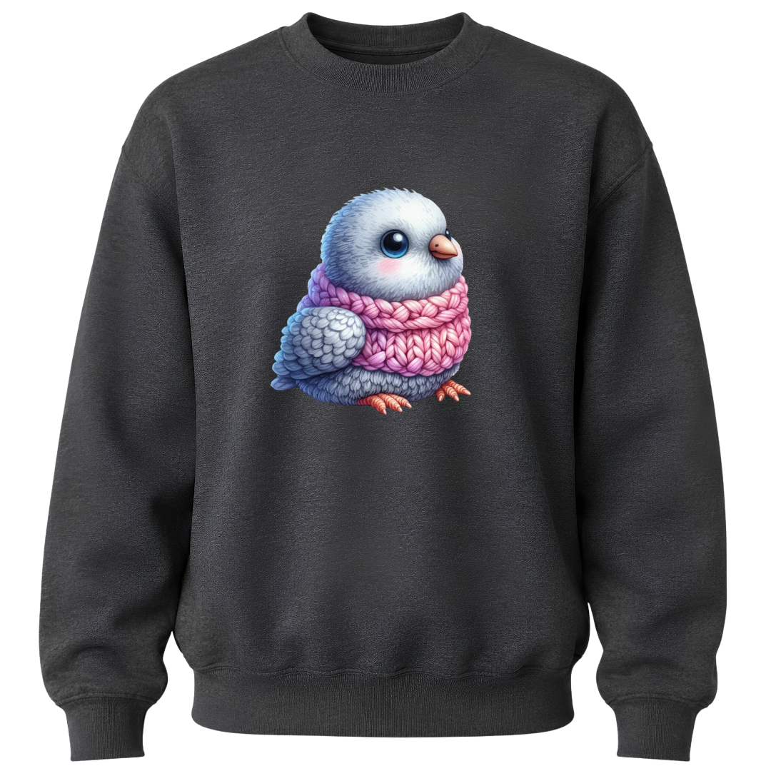 Charcoal grey children's sweatshirt displaying a fluffy bird wrapped in a knitted pink scarf.