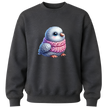 Charcoal grey children's sweatshirt displaying a fluffy bird wrapped in a knitted pink scarf.