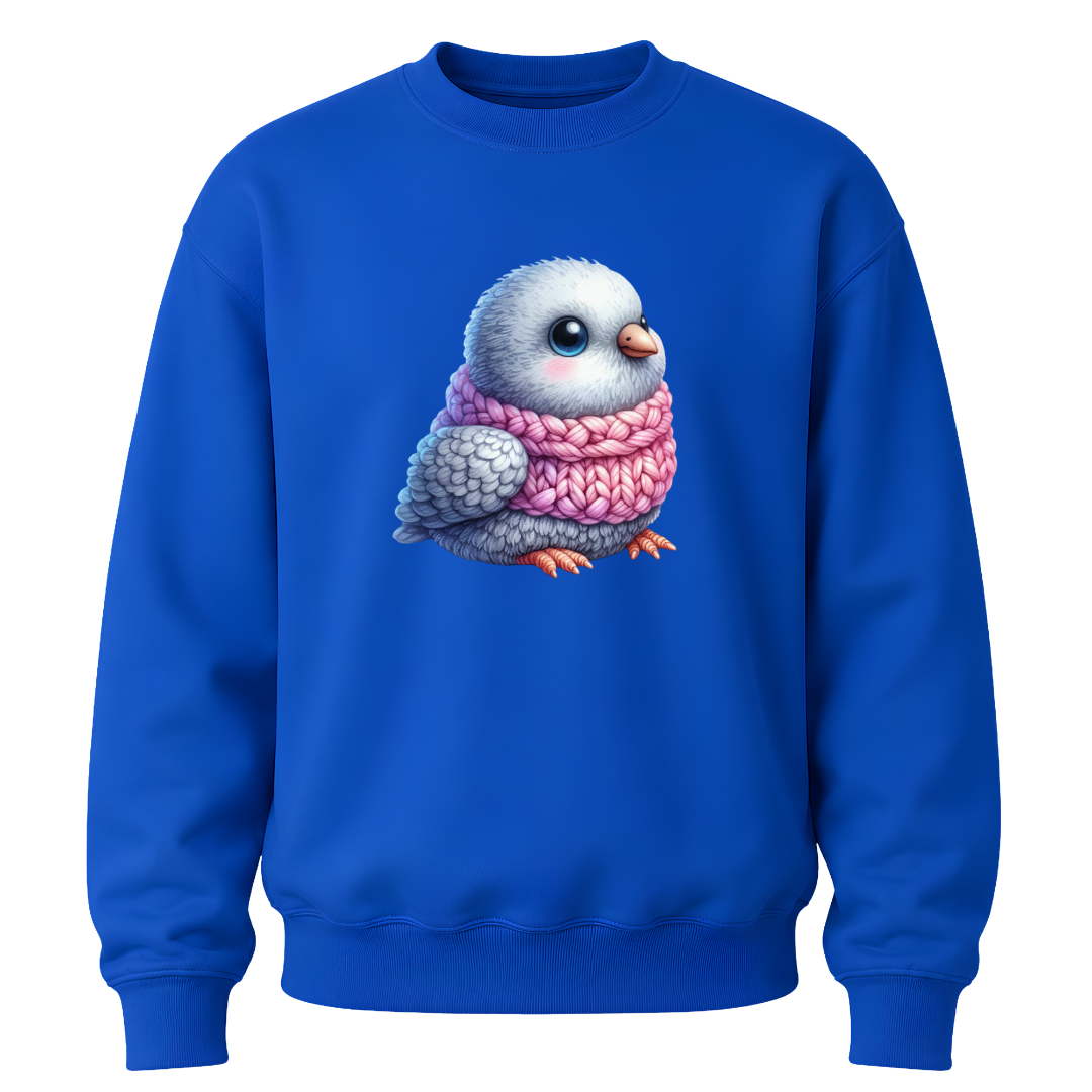 Royal blue youth sweater featuring a charming bird graphic perfect for animal loving kids.