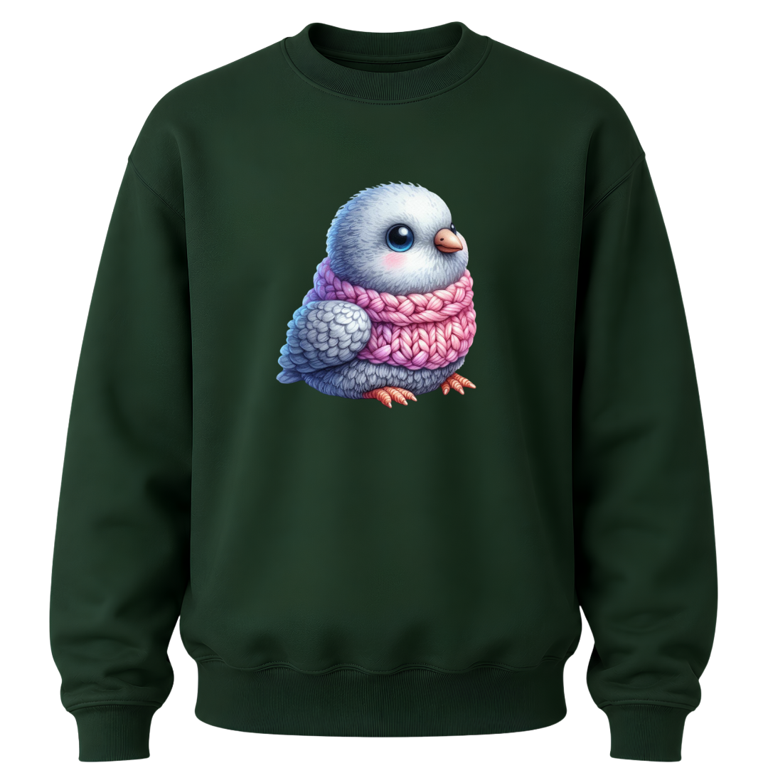 Forest green kids crewneck sweatshirt with adorable bird illustration and cozy pink scarf design.